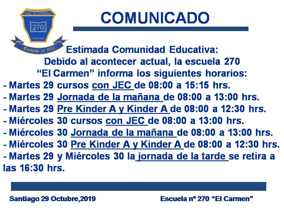 Martes 29 y Miércoles 30 de Octubre- Horarios por jornada.