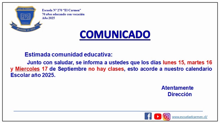 Imagen destacada de COMUNICADO – 15-16-17 DE SEPTIEMBRE -FIESTAS PATRIAS 2025