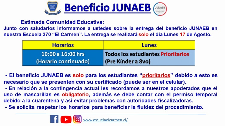 Informacion beneficio JUNAEB- 17 de Agosto
