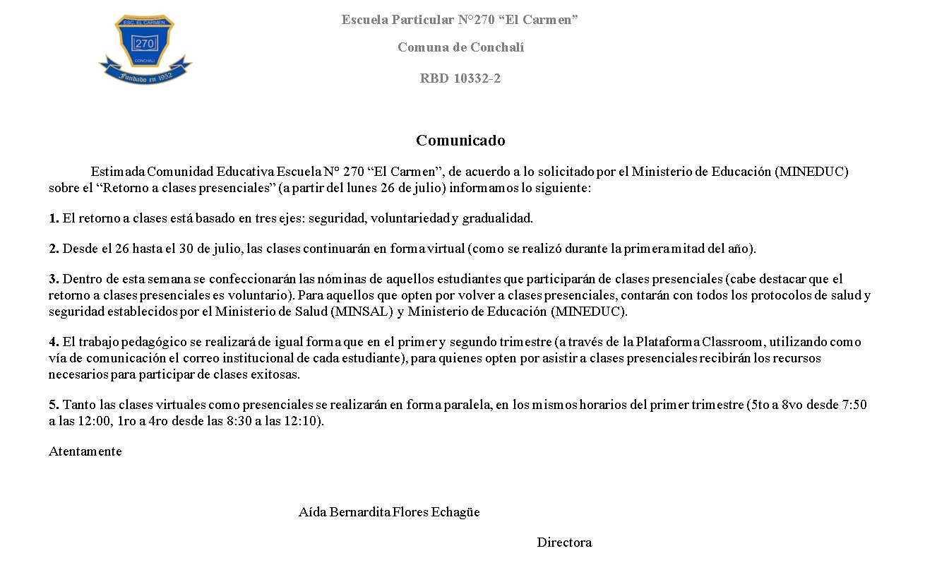 Comunicado – Retorno voluntario a clases