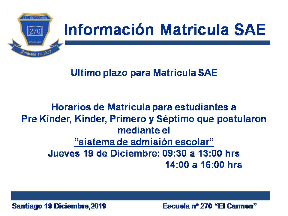Ultimo plazo- Matriculas estudiante SAE