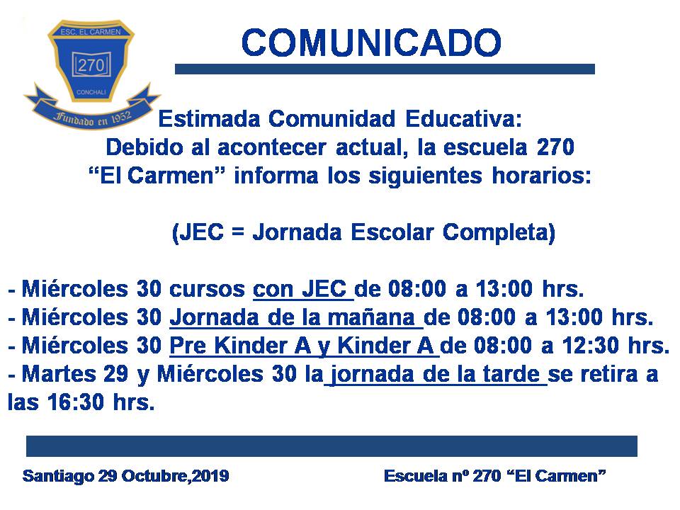 Miércoles 30 de Octubre- Horarios por jornada.