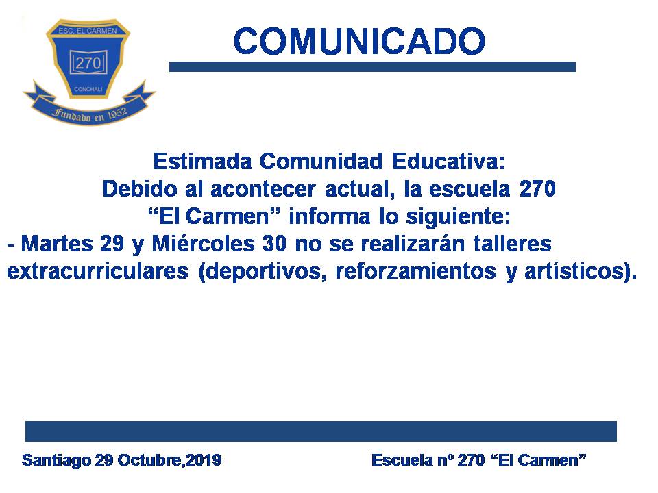 Martes 29 y Miércoles 30 de Octubre- Talleres Suspendidos.