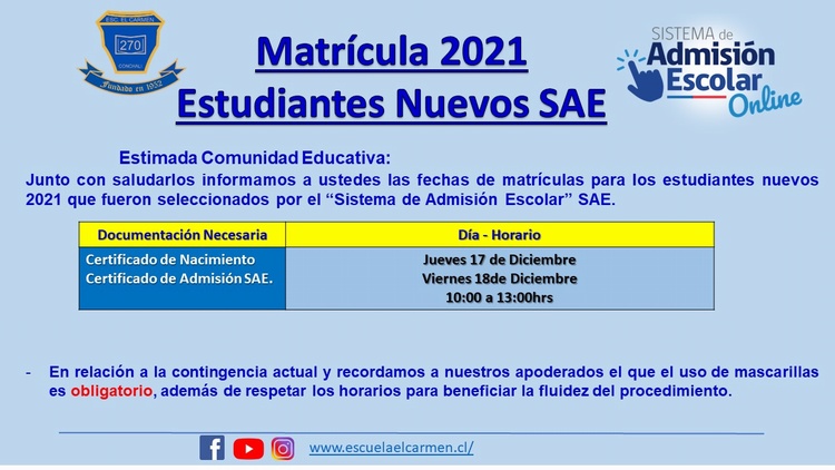 Matrículas 2021 Estudiantes Nuevos – SAE