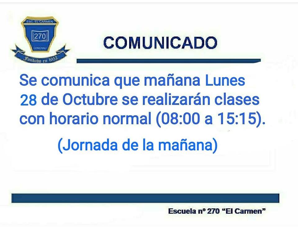 Lunes 28 de Octubre -Clases con horario normal